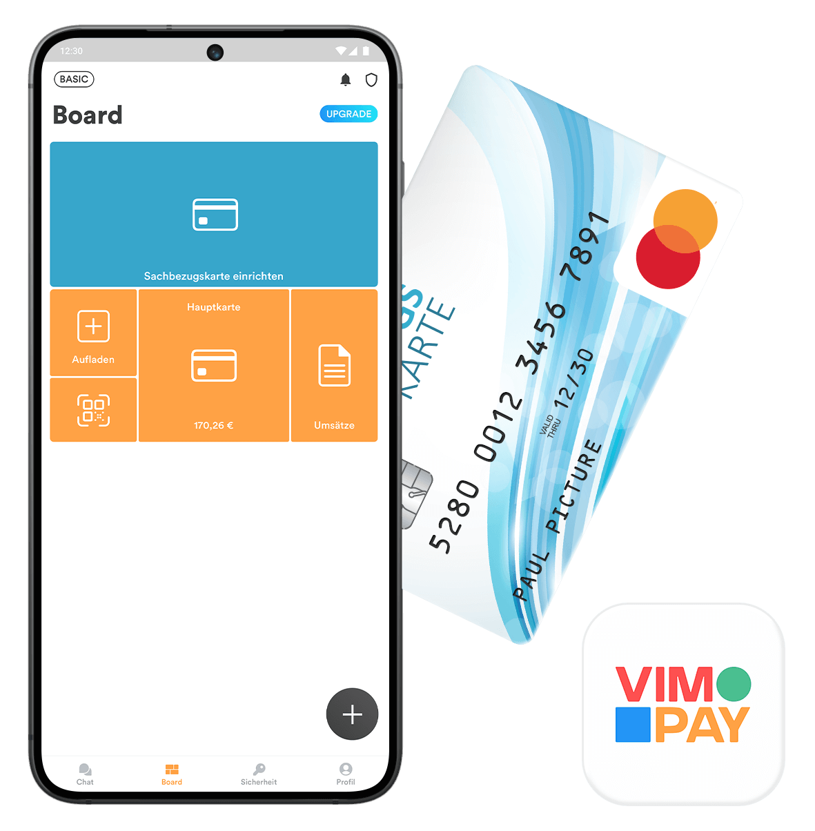 Ein Smartphone zeigt die VIMpay App und dahinter liegt eine Sachbezugskarte