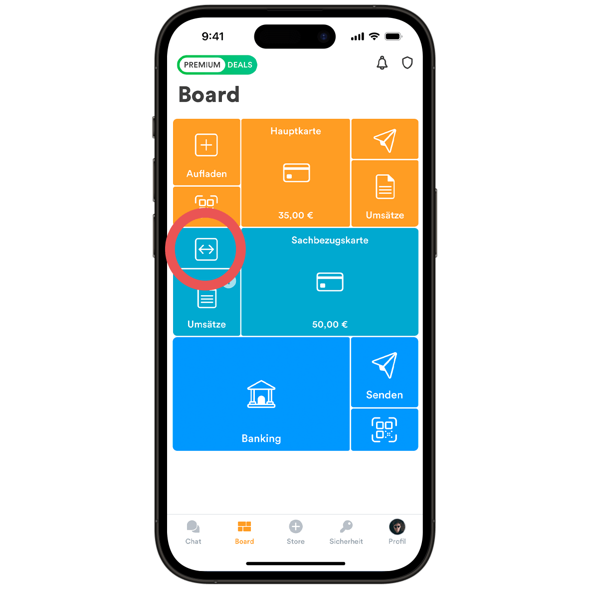 Ein Smartphone zeigt das VIMpay Board in der App und einen rot umkreisten Pfeil